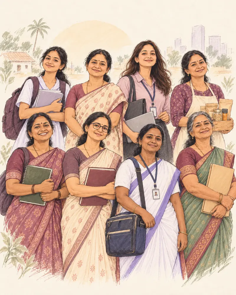 Eight women from different walks of life: a student, homemaker, working woman, entrepreneur, self-help group member, teacher, ASHA worker and panchayat member