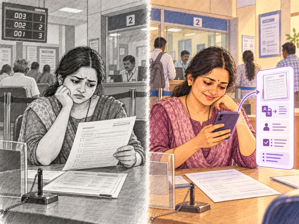 A woman confused by an English bank form, then using AI on her phone to understand it in her language