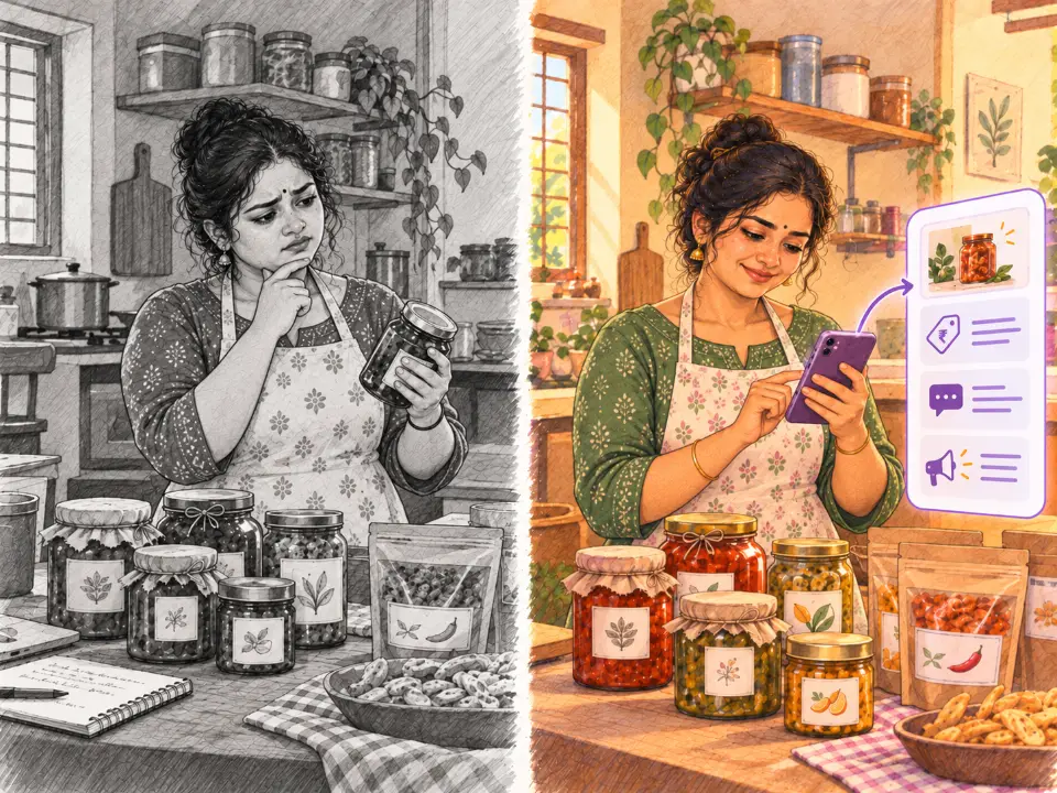 A woman unsure how to sell her pickles, then using AI on her phone to write posts, prices and replies
