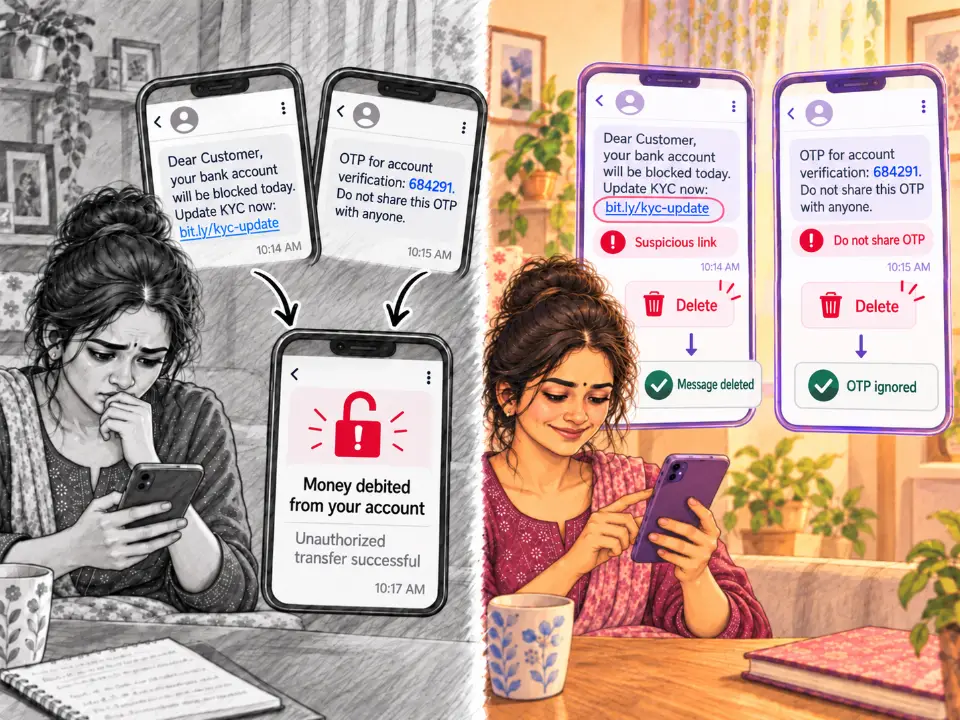 A woman worried by a fake bank message and OTP, then spotting the suspicious link and deleting it