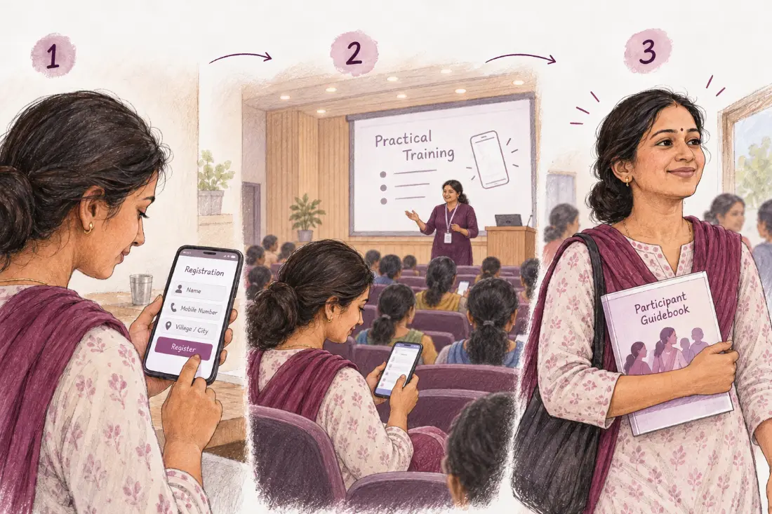A woman registers on her phone, attends a practical training, and takes home a participant guidebook
